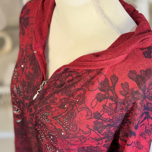 Live & Let Live Womens Sz L Red Abstract Floral Print Zip Up Hoodie Sweater#3434 - Picture 5 of 8